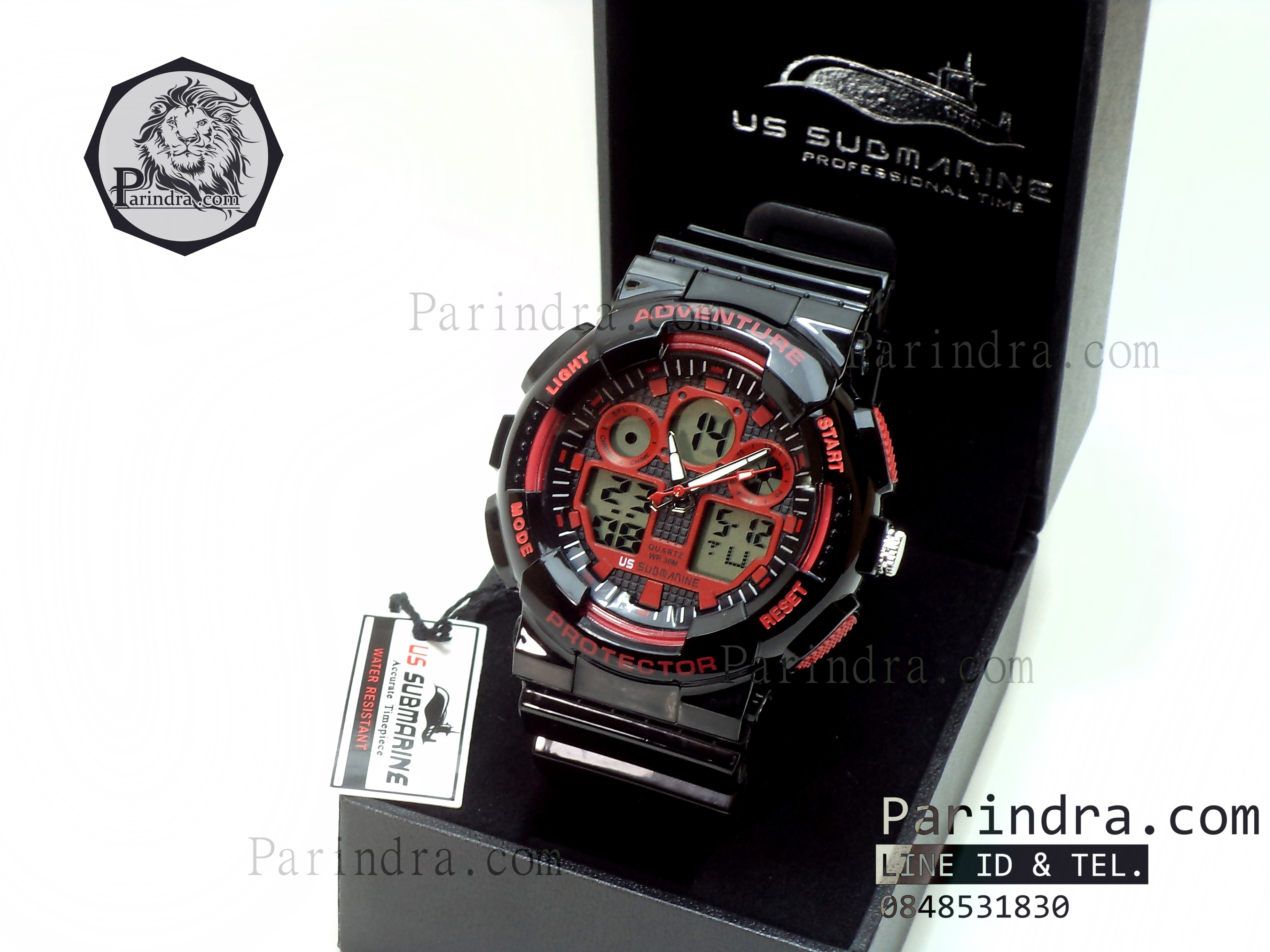 นาฬิกา US submarine Adventure Protector รุ่น TP3129M สีดำตัดแดงผิวมัน พื้นหลังเทา