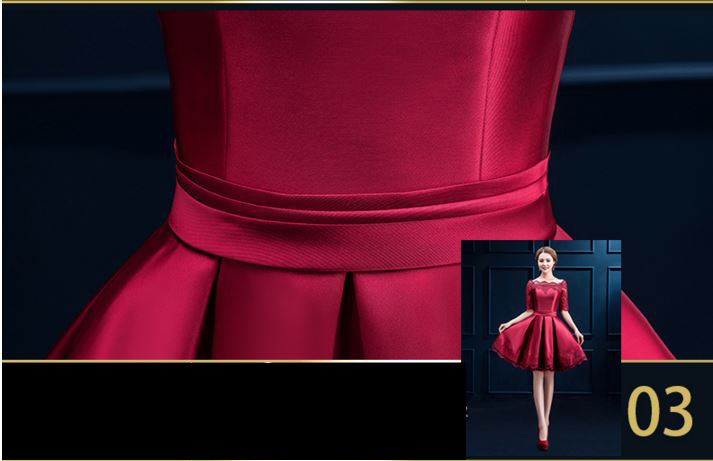 พร้อมเช่า ชุดราตรีสั้น แบบไหล่ปาด แขนยาว ผ้าซาติน แต่งลูกไม้สวยหรู สีไวน์แดง (เชือกผูกหลัง)