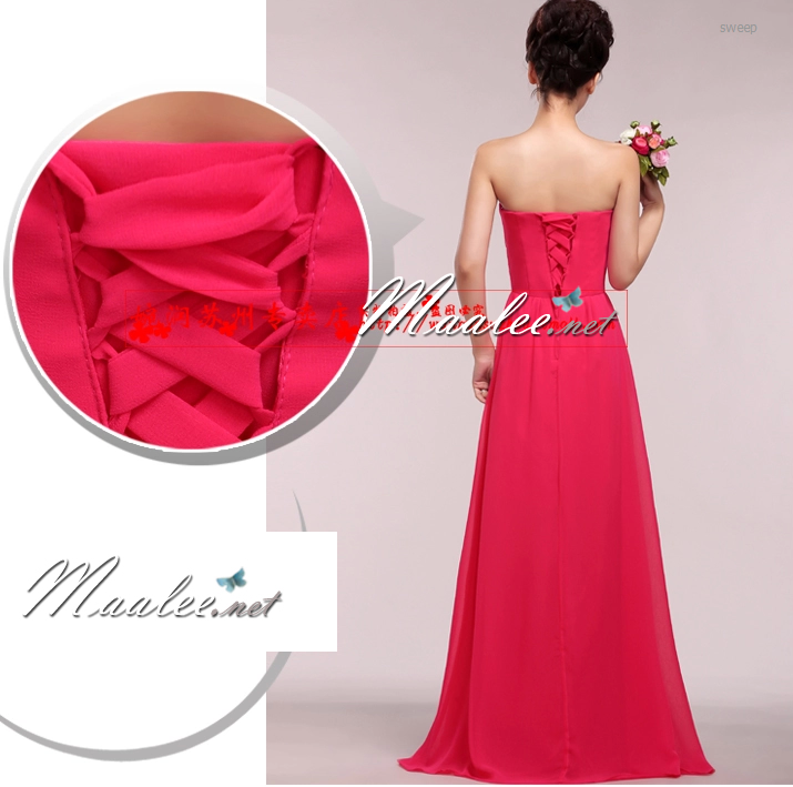 พร้อมส่ง ชุดราตรียาว แบบเกาะอก ผ้าชีฟอง ช่วงอกอัดพลีท แต่งดอกที่เอว สีโอโรส