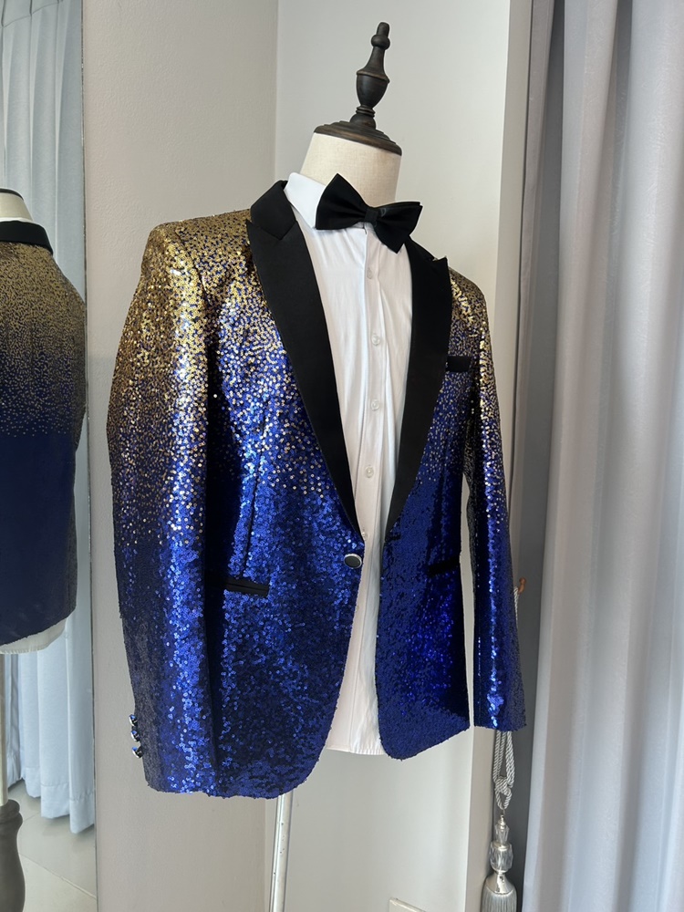 พร้อมเช่า เสื้อสูทชาย สูทแฟชั่น สูทกลิตเตอร์ ไล่สี สีทองน้ำเงิน (L)