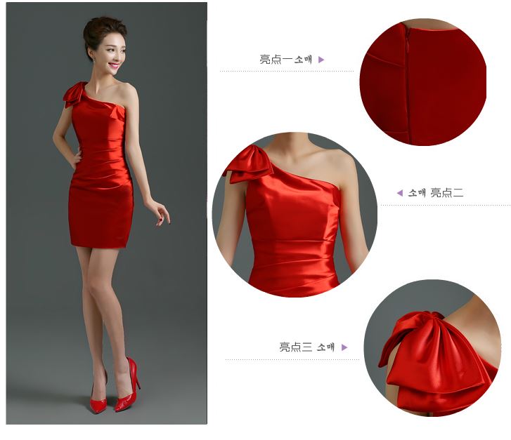 พร้อมเช่า ชุดราตรี สีทอง Champagne บ่าเฉียง ทรงเข้ารูป ผ้าซาติน แต่งโบว์ที่ไหล่ (ซิปหลัง)