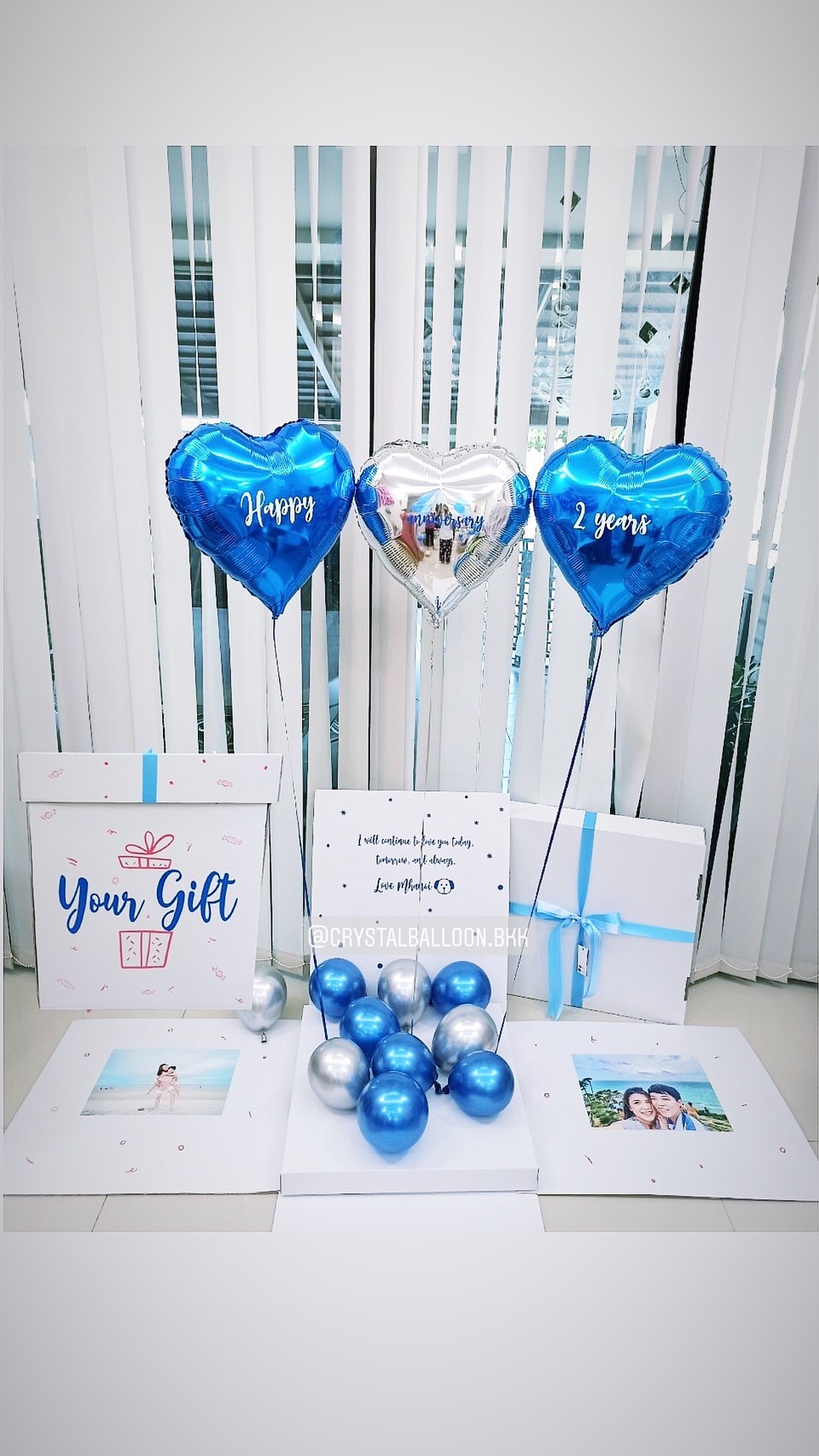 Happy Anniversary ครบรอบ แบบกล่อง ลูกโป่งฟอยล์หัวใจ ขนาด 18" 3 ชิ้น โทนสีน้ำเงิน-สีเงิน พร้อมตกแต่ง สามารถใส่รูปได้ 2 ใบ สามารถเปลี่ยนสีลูกโป่ง/เปลี่ยนข้อความได้