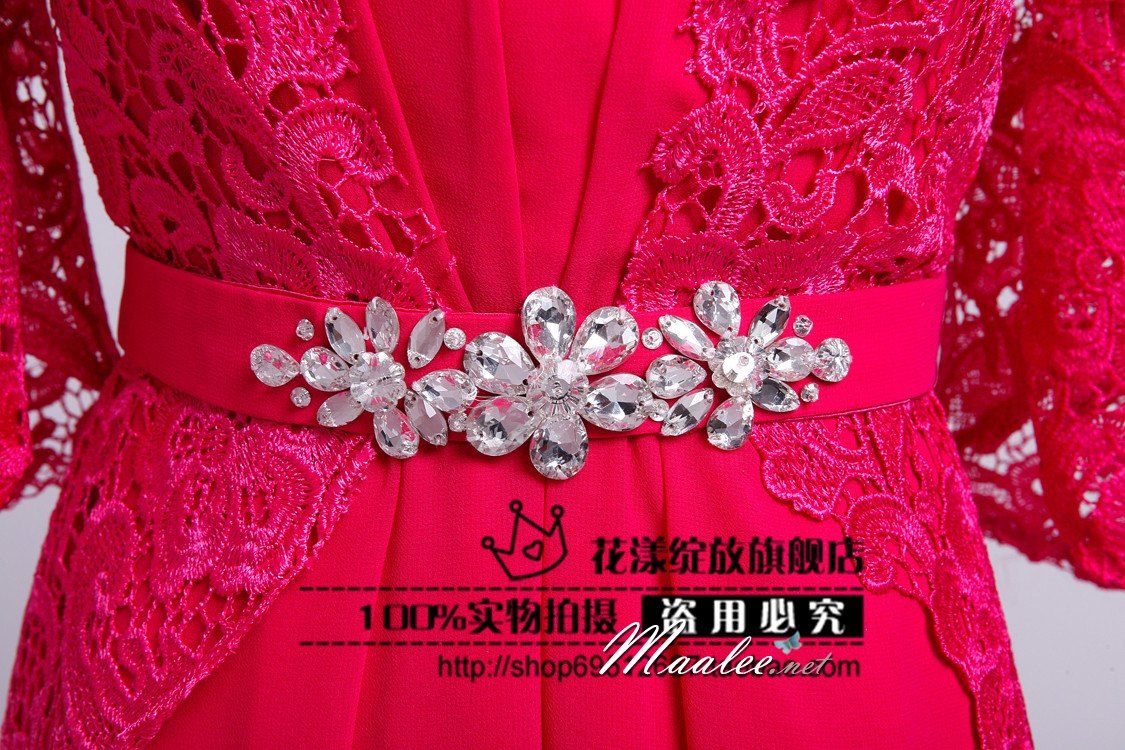 พร้อมเช่า ชุดราตรียาว สีชมพู แขนสามส่วน แต่งลูกไม้ จับเดรปทรงนาฬิกาทราย (L-3XL)