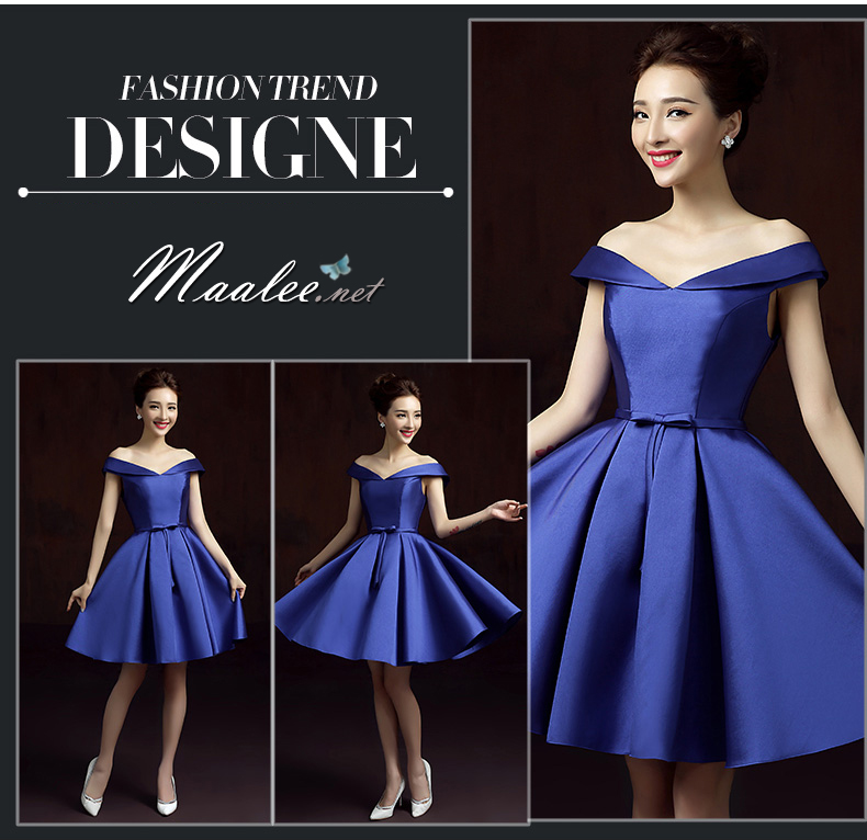 พร้อมเช่า ชุดราตรีสั้น แบบไหล่ปาด สไตล์วินเทจผ้าไหมดัชเชส กระโปรงทรงA แต่งโบว์ช่วงเอว (เชือกผูกหลัง) สีน้ำเงิน