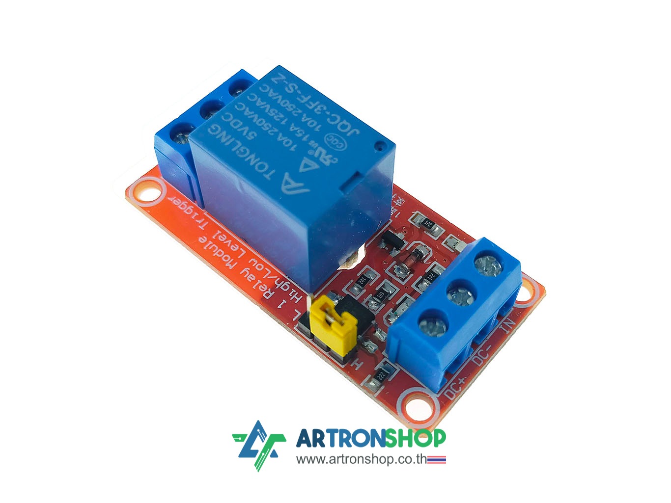 บอร์ดรีเลย์ 5V 1 ช่อง สีแดง มีรูยึดน๊อต เลือกโหมดการทำงานได้