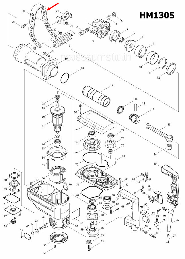 SIDE HANDLE สกัด เจาะพื้น Makita มากีต้า HM1305, HM1306 [#25] Pn.345473-3 (แท้) ##