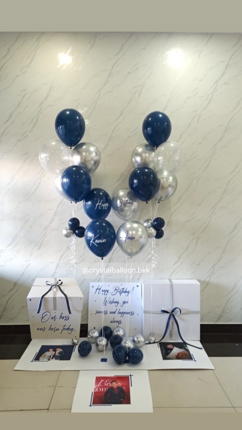 Happy Birthday Surprised Box กล่องเซอร์ไพรส์ พร้อม ลูกโป่ง 4 ลูก ,ลูกโป่งช่อ 5 ลูก 2 ช่อ , พร้อมตกเเต่ง สามารถใส่รูปได้ 3 ใบ สามารถเปลี่ยนสีลูกโป่ง/เปลี่ยนสีข้อความได้