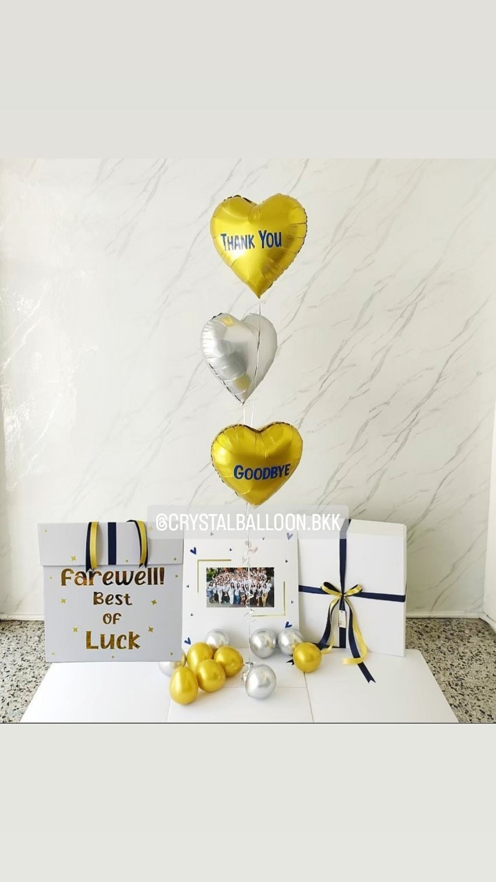 Farewell Surprised Box กล่องเซอร์ไพรส์อำลา ฟอยล์หัวใจ ขนาด 18" 3 ชิ้น พร้อมตกแต่ง สามารถใส่รูปได้ 2 ใบ สามารถเปลี่ยนสีลูกโป่ง/เปลี่ยนข้อความ/เปลี่ยนสี-ฟอยล์ตกแต่งได้