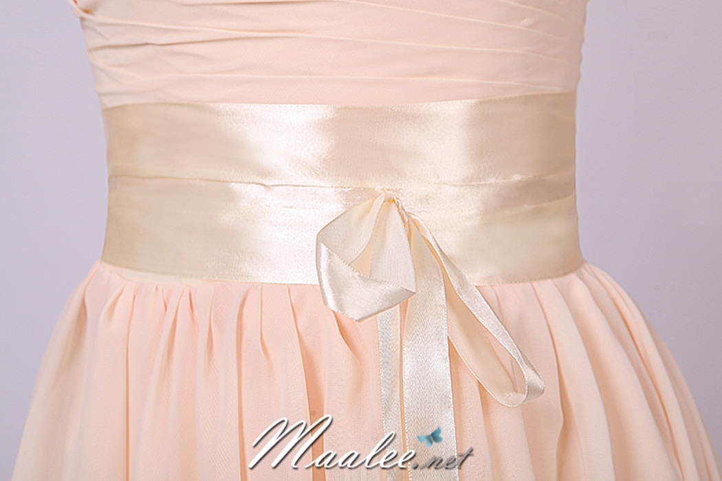 พร้อมส่ง ชุดราตรีสั้น เกาะอก สีชมพูโอรส คอเว้ารูปหัวใจ จับเดรปหน้าอก แต่งคาดเอวผ้าซาติน