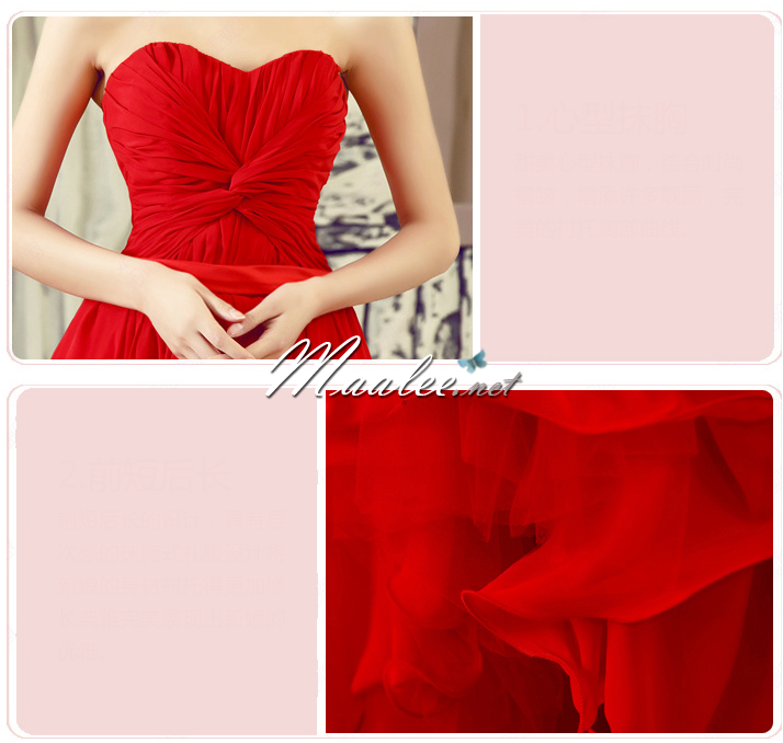 พร้อมเช่า ชุดราตรีสั้น เกาะอก หน้าสั้นหลังยาว คอจับเดรปรูปหัวใจ สีแดง