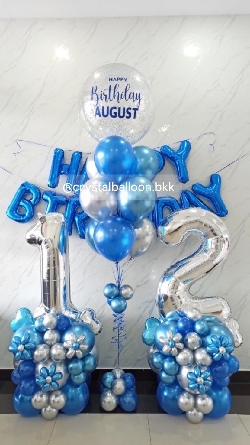 ลูกโป่ง วันเกิด ช่อ Bubble ขนาด 24" กลิตเตอร์สีเงิน 1 ช่อ ช่อ 10 ลูก พร้อมตกแต่ง ฟอยล์ตัวอักษร Happy Birthday ขนาด 16" สีน้ำเงิน 1 ชิ้น พร้อม ฟอยล์ตัวเลข ขนาด 40" ตั้งฐาน 2 ชิ้น พร้อมตกแต่ง สามารถเปลี่ยนสีลูกโป่ง/เปลี่ยนข้อความ/เปลี่ยนขนาดไ
