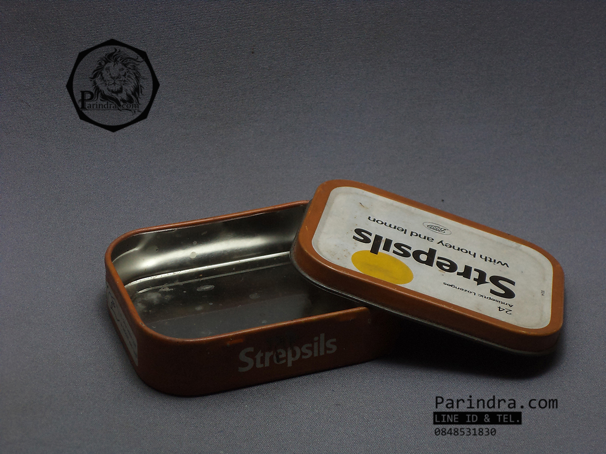 กล่องเหล็ก Strepsils รุ่นเก่า สีน้ำตาลอ่อนออกส้ม ปี 1983 #S447