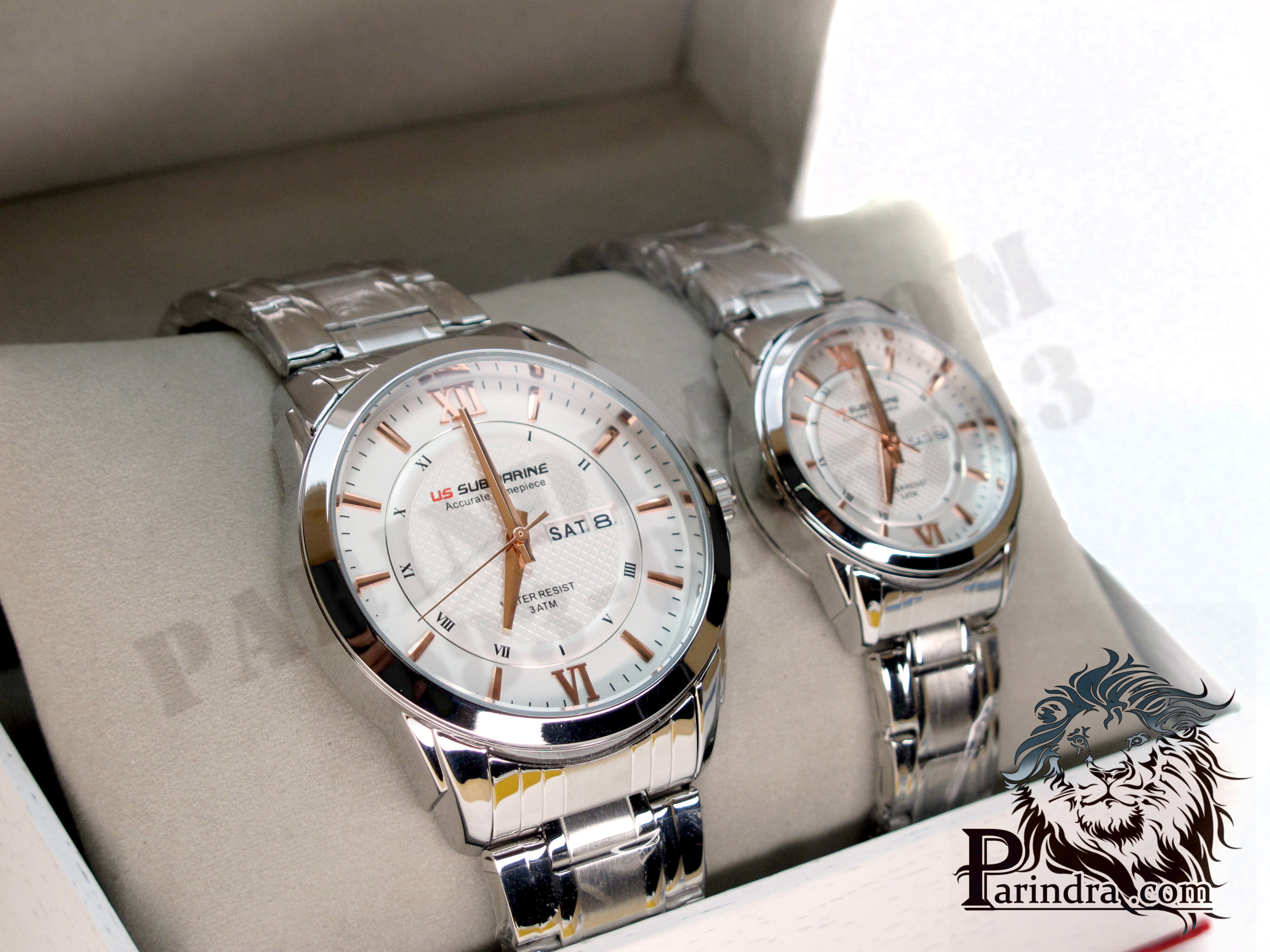 นาฬิกาคู่ US submarine รุ่น J099DD ของแท้ 100% ตัว Accuratc Timcpiece สีเงินหน้าปัดขาวเข็มสีPINK GOLD
