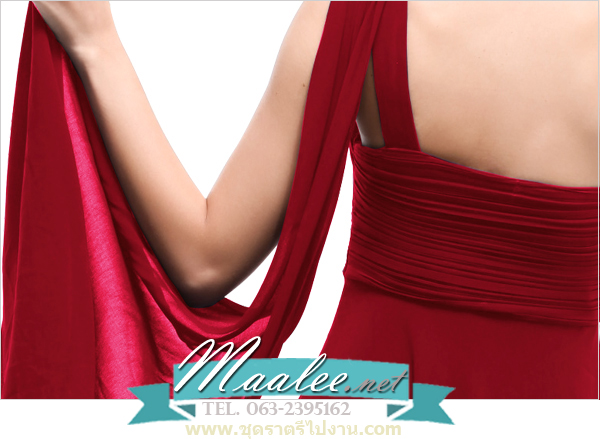 พร้อมส่ง ชุดราตรียาว เกาะอก ไหล่เดียว สีไวน์แดง ผ้าชีฟองจับเดรปไขว่ช่วงหน้าอก ทิ้งชายด้านหลัง (ซิปข้างลำตัว)