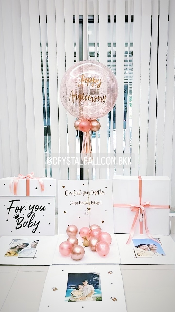 Surprise Box กล่องเซอร์ไพรส์วันครบรอบ Bubble ขนาด 24'' Theme Rose Gold พร้อมตกแต่ง สามารถใส่รูปได้ 4 รูป สามารถเปลี่ยนสีลูกโป่ง/เปลี่ยนข้อความได้