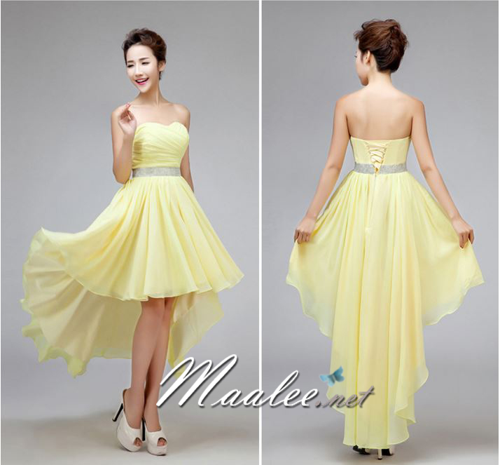 พร้อมส่ง ชุดราตรีสั้น เกาะอก หน้าสั้นหลังยาว สีเหลือง (เชือกผูกหลัง)