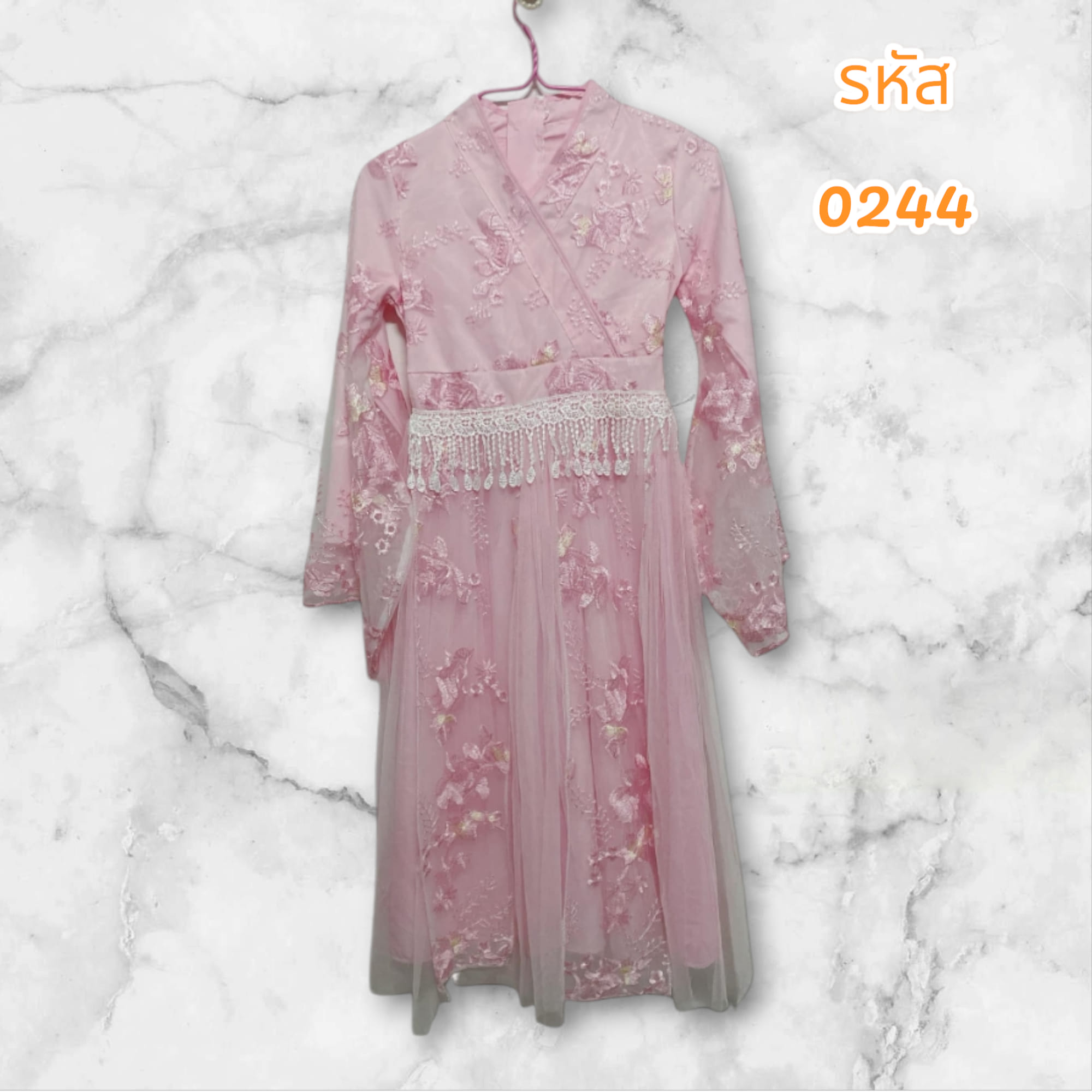 ชุดเดรสจีนคอป้ายแขนยาวผ้าลูกไม้มีเสื้อคลุมสีชมพู ไซส์ 140 (มือ 2)