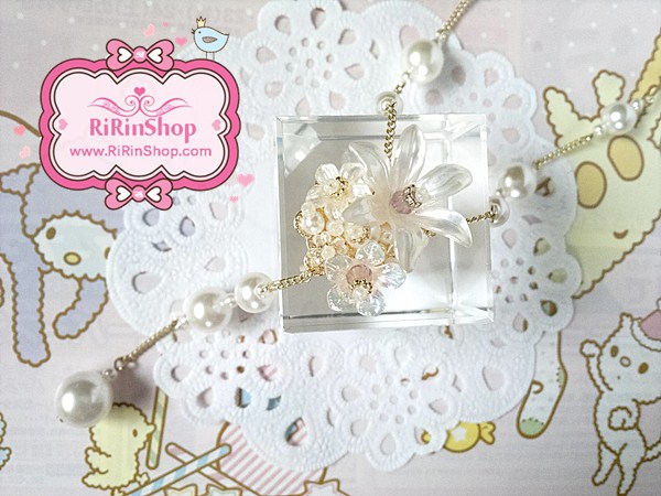 Korea สร้อยคอยาวดอกลิลลี่ lily แต่งมุกระย้า(Gold)