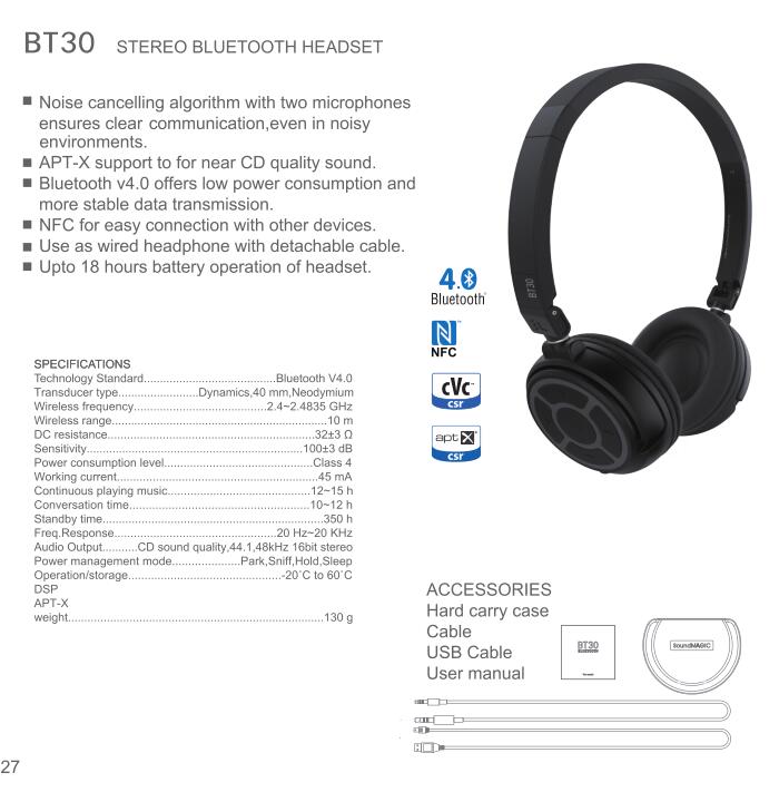 ขาย SoundMagic BT30 เฮดโฟนพกพา รองรับบลูทูธ 4.0 เสียงคมชัด น้ำหนักเบา พกพาง่าย