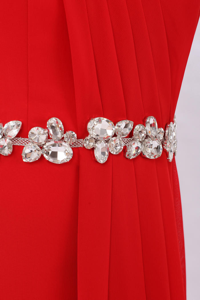 พร้อมส่ง ชุดราตรียาว ไหล่เดียว สีชมพู Hot pink จับเตรปสไตล์กรีก คาดคริสตัลช่วงเอว