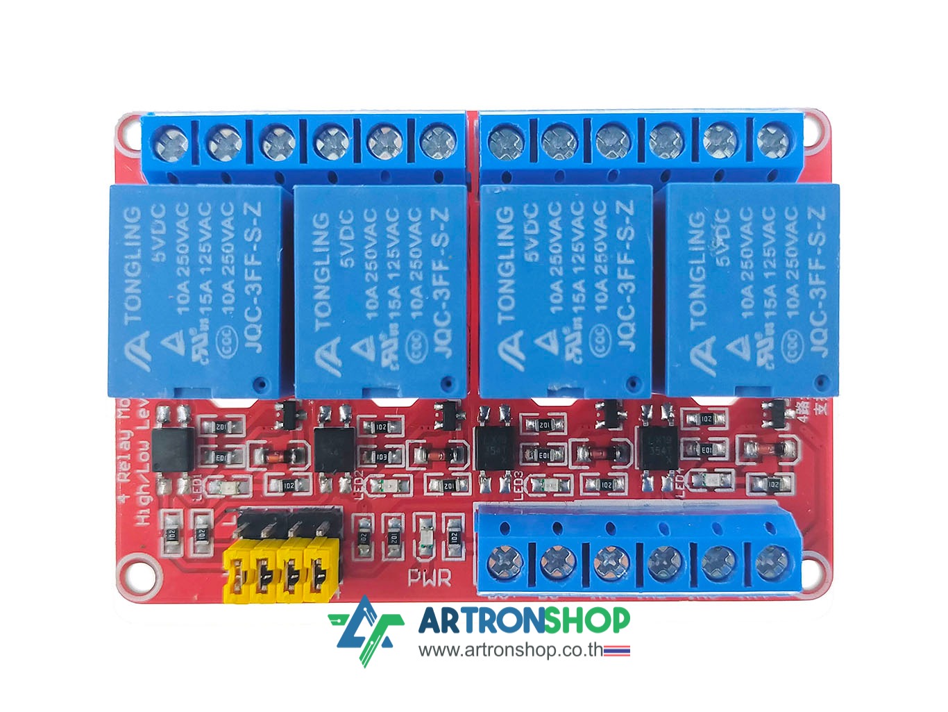 บอร์ดรีเลย์ 5V 4 ช่อง สีแดง มีรูยึดน๊อต เลือกโหมดการทำงานได้