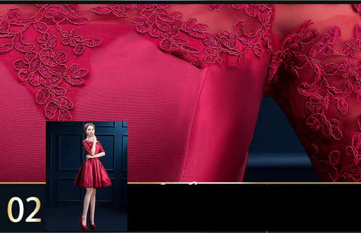 พร้อมเช่า ชุดราตรีสั้น แบบไหล่ปาด แขนยาว ผ้าซาติน แต่งลูกไม้สวยหรู สีไวน์แดง (เชือกผูกหลัง)