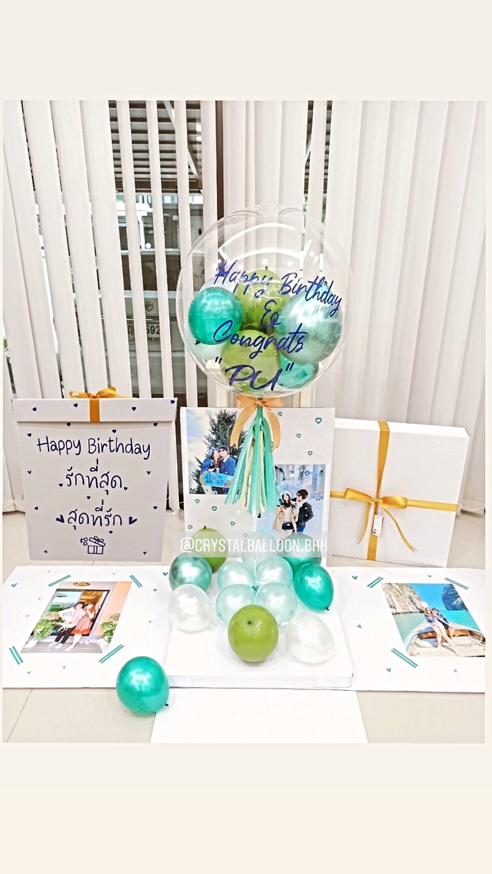 Happy Birthday Surprise Box กล่องเซอร์ไพรส์วันเกิด Bubble USA ขนาด 24" Theme สีเขียว พร้อมตกแต่ง สามารถใส่รูปได้ 4 ใบ สามารถเปลี่ยนสีลูกโป่ง/เปลี่ยนข้อความได้