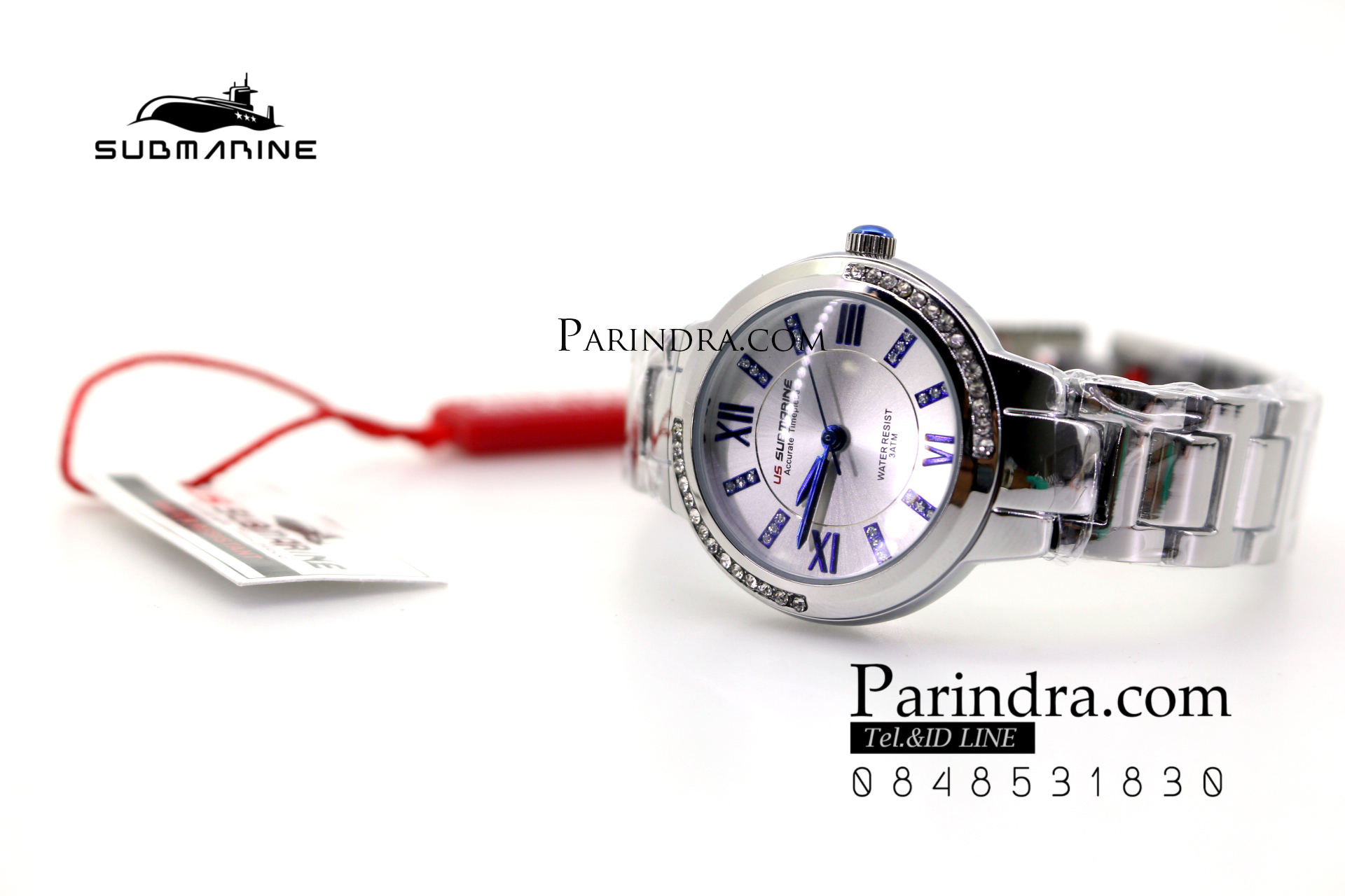 นาฬิกา US submarine รุ่น J120L กรอบหน้าปัดคริตตัล หน้าปัดสีขาวตัวเลขน้ำเงิน สายสแตนเลสสีเงินเงา