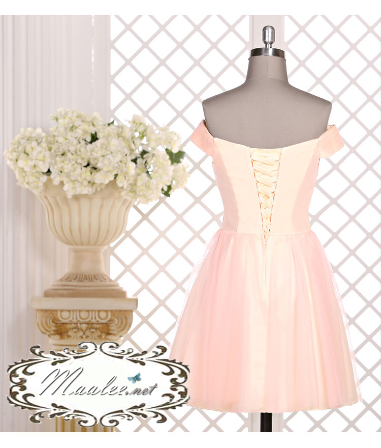 พร้อมส่ง ชุดราตรีสั้น แบบปาดไหล่ สีส้ม โอโรส ผ้าโปร่ง อกจับจีบตีเกล็ด แบบเรียบหรู (เชือกผูกหลัง)