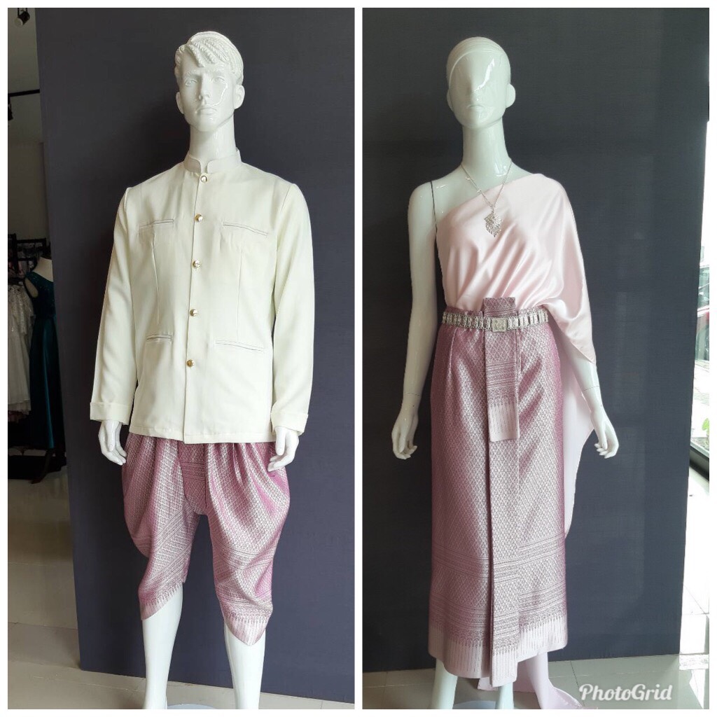 เช่า ชุดไทย ชุดเพื่อนเจ้าสาว ชุดไทยผ้าถุงสีกลีบบัว สไบเรียบสีชมพูอ่อน