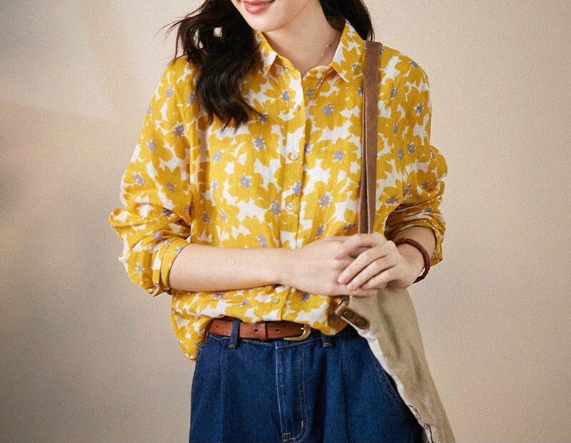 เสื้อเชิ้ตผ้าลินินลายดอกไม้