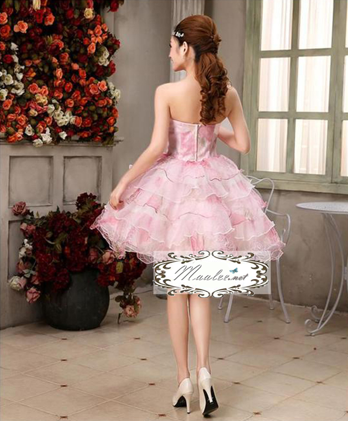 พร้อมเช่า ชุดแฟนซี เช่า 500 ชุดราตรีสั้น เกาะอก สีกุหลาบแต่งดอกไม้สามมิติ พองฟูน่ารักมาก