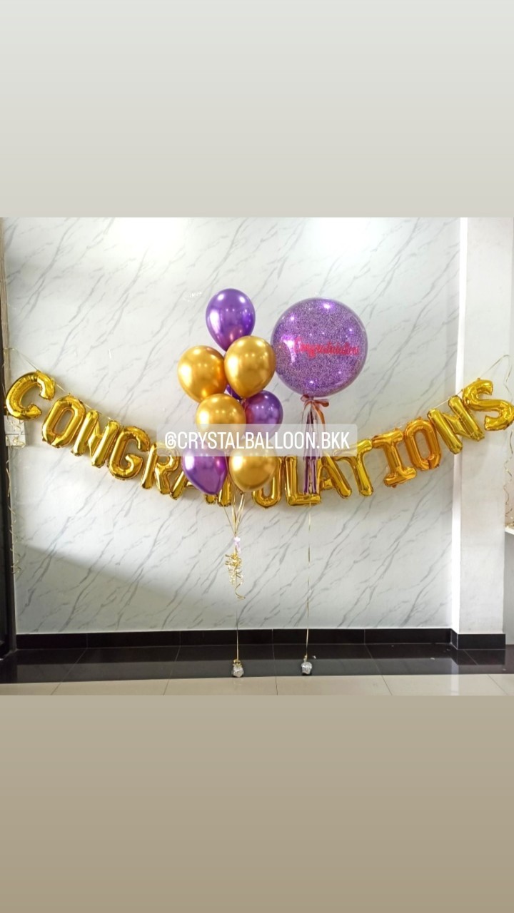 ลูกโป่ง แสดงความยินดี Bubble ขนาด 24" กลิตเตอร์สีม่วง พร้อม ช่อลูกโป่งสีโครเมี่ยม ช่อ 9 ลูก 1 ช่อ,ฟอยล์ตัวอักษร 15 ตัวอักษร พร้อมตกแต่ง สามารถเปลี่ยนสีลูกโป่ง/เปลี่ยนข้อความ/เปลี่ยนขนาดได้