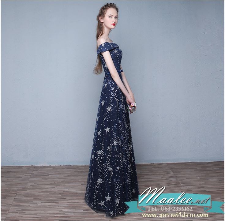 พร้อมเช่า ชุดราตรียาว แบบไหล่ปาด รูปดาว ฟรุ้งฟริ้งแนวเจ้าหญิง สีกรมท่า (เชือกผูกหลัง)