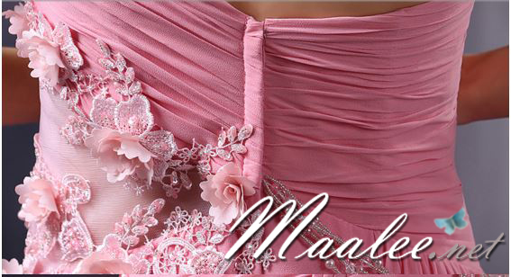 พร้อมเช่า ชุดราตรียาว สีฟ้า ไหล่เฉียง อกจับจีบระเอียด แต่งลูกปัดห้อยระย้า & ดอกสวย ผ้าชีฟอง