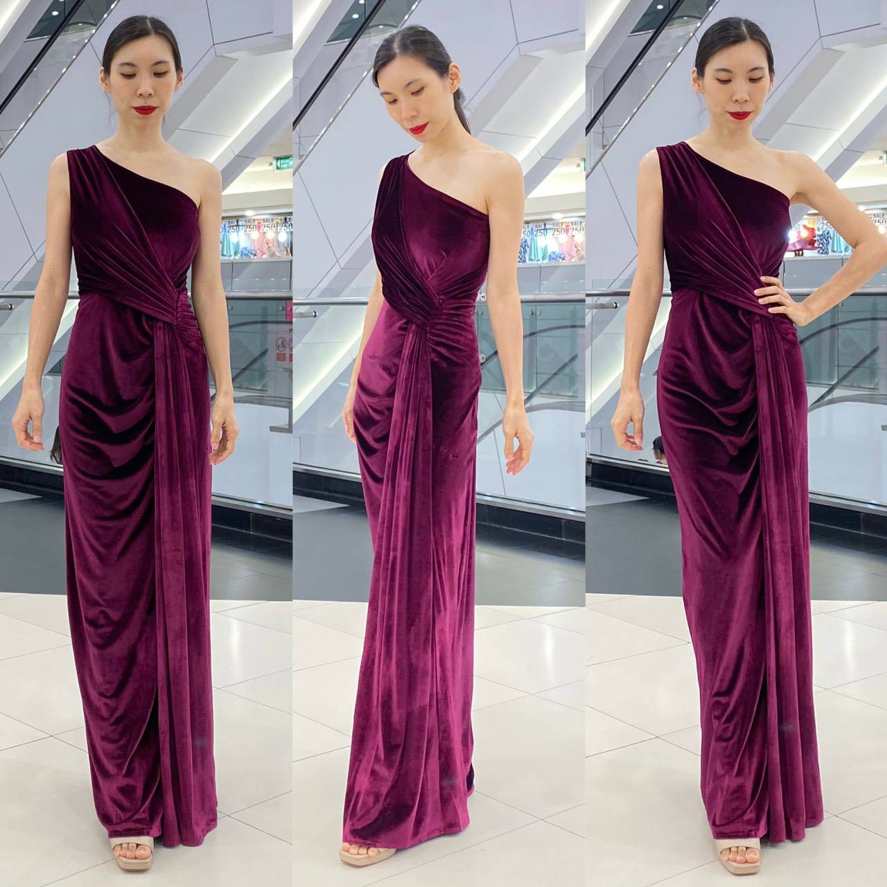 พร้อมเช่า ชุดเดรส เดรสไหล่เดียว แพทเทิร์นเก๋ จับเดรปหน้า สีน้ำเงิน เนื้อกำมะหยี่