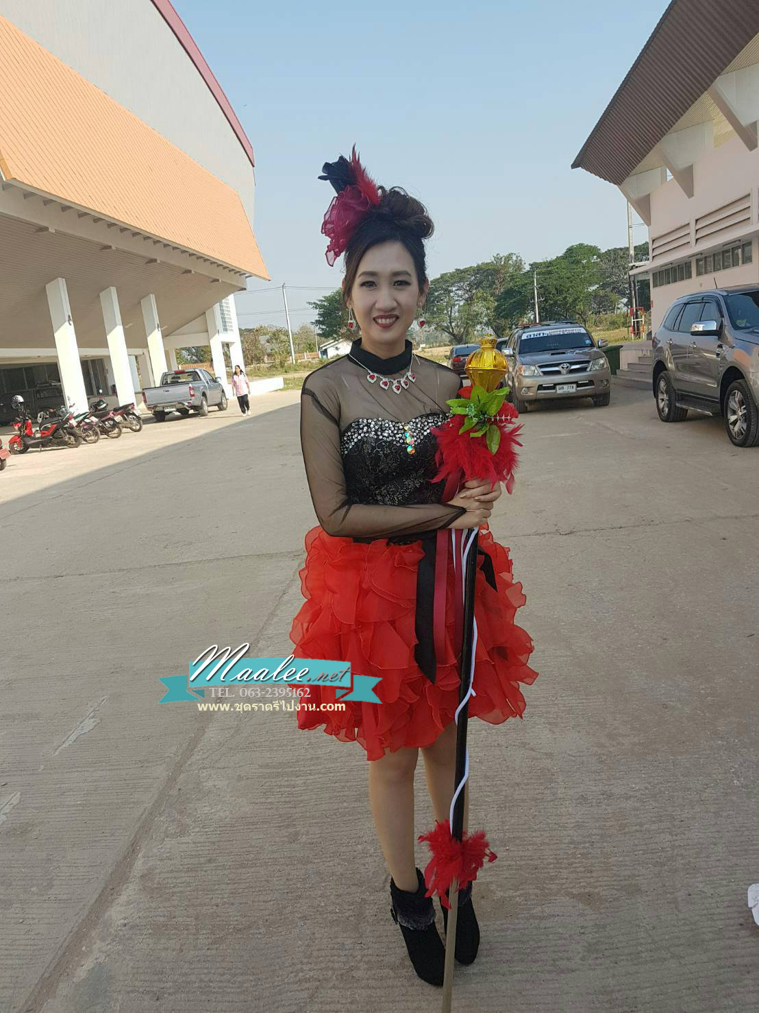 พร้อมเช่า ชุดแฟนซี เช่า 500 ชุดราตรีสั้น เกาะอกแต่งคริสตัล สีดำ กระโปรงระบายสวยสีแดง