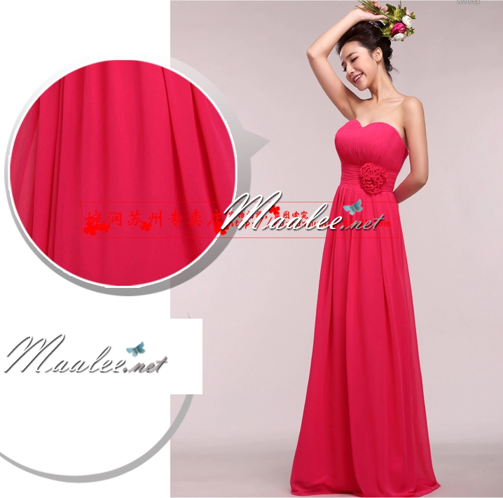 พร้อมส่ง ชุดราตรียาว แบบเกาะอก ผ้าชีฟอง ช่วงอกอัดพลีท แต่งดอกที่เอว สีโอโรส