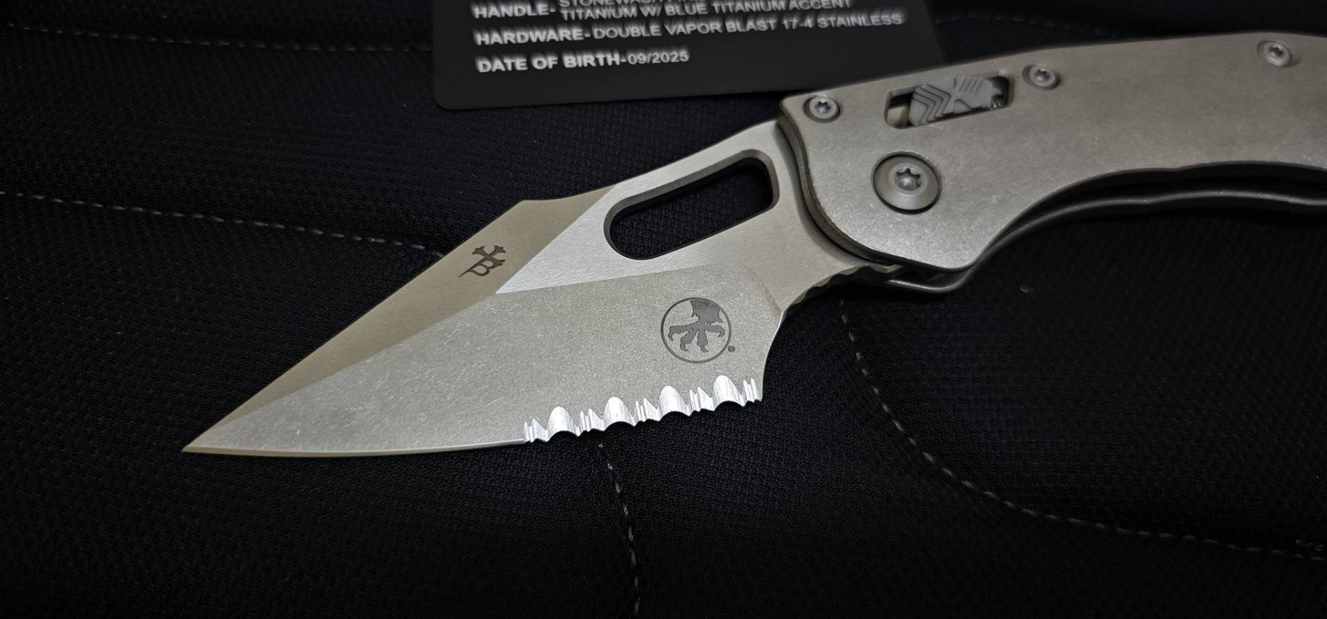 Microtech Stitch Ram-Lok S/E - Stonewashed Titanium - Stonewashed Blade - Blue Accents - Marfione Select