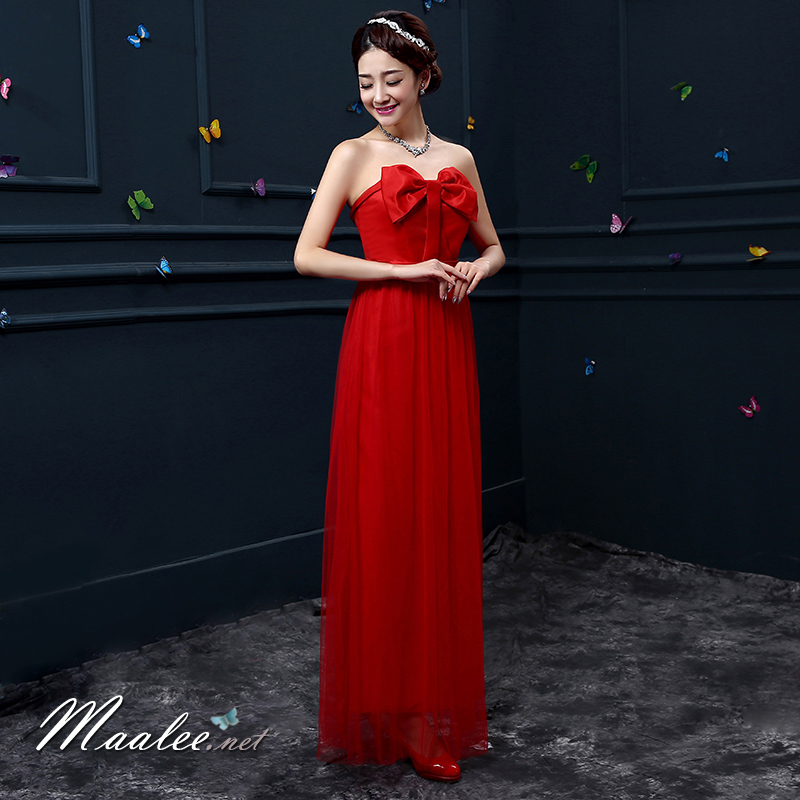 พร้อมส่ง ชุดราตรียาว แบบเกาะอก แต่งโบว์ช่วงอก กระโปรงผ้าตาข่าย สีแดง (จับสม๊อกด้านหลัง)