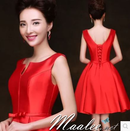 พร้อมเช่า ชุดราตรีสั้น แบบแขนกุด ผ้าซาตินเรียบหรู กระโปรงทรงA แต่งโบว์2ชั้น ช่วงเอว สีแดง (เชือกผูกหลัง)