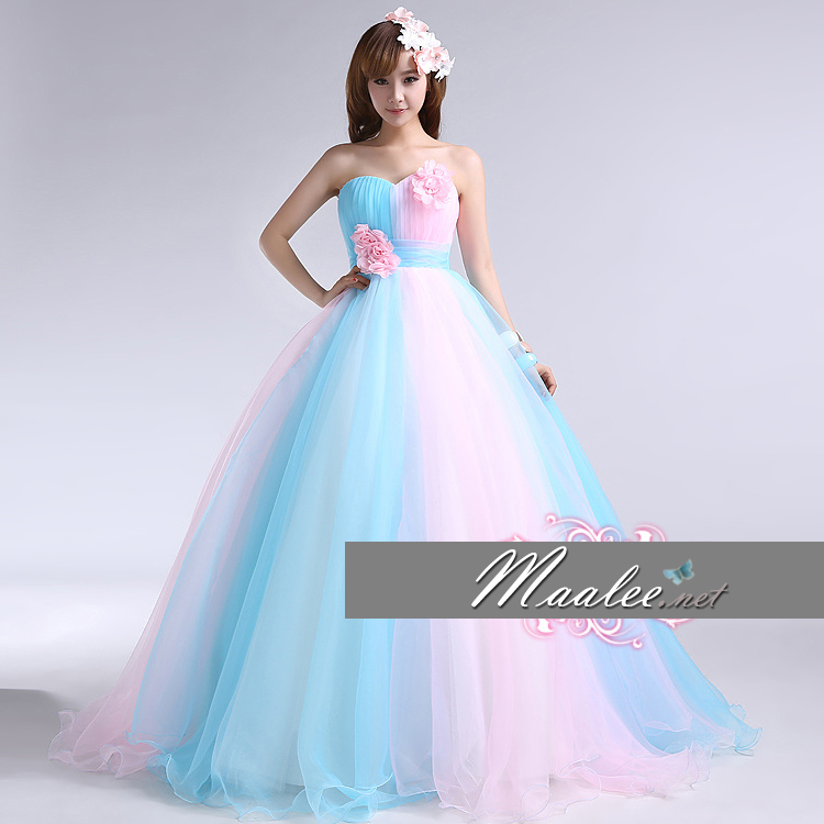 พร้อมเช่า ชุดแฟนซี ชุดราตรียาว เกาะอก สีฟ้า ชมพู สวยหวาน ผ้าโปร่งแต่งดอกไม้