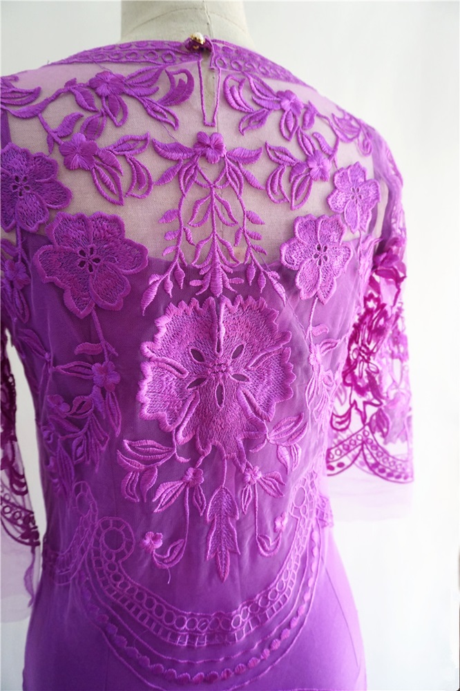 พร้อมส่ง ชุดราตรีสั้น/แขนยาว สี ม่วง ลูกไม้ทั้งชุด กระโปรงอัดพลีท (เหลือเฉพาะไซส์ 2XL)