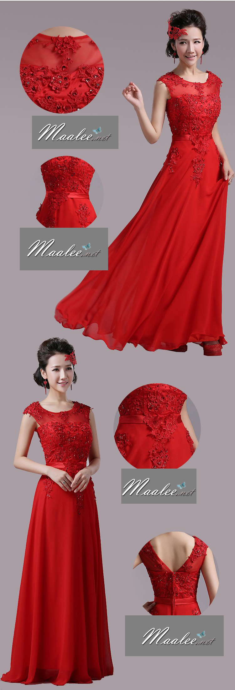 พร้อมเช่า ชุดราตรียาว สีแดง แบบเรียบหรู แต่งลูกไม้เซาะดอก ปักลูกปักมุก