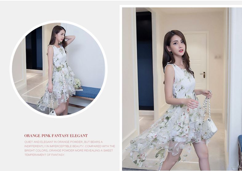 Pre-order เดรสขาว พรีเวดดิ้ง หน้าสั้นหลังยาว แขนกุด ลายดอกไม้เขียว เรียบหรู