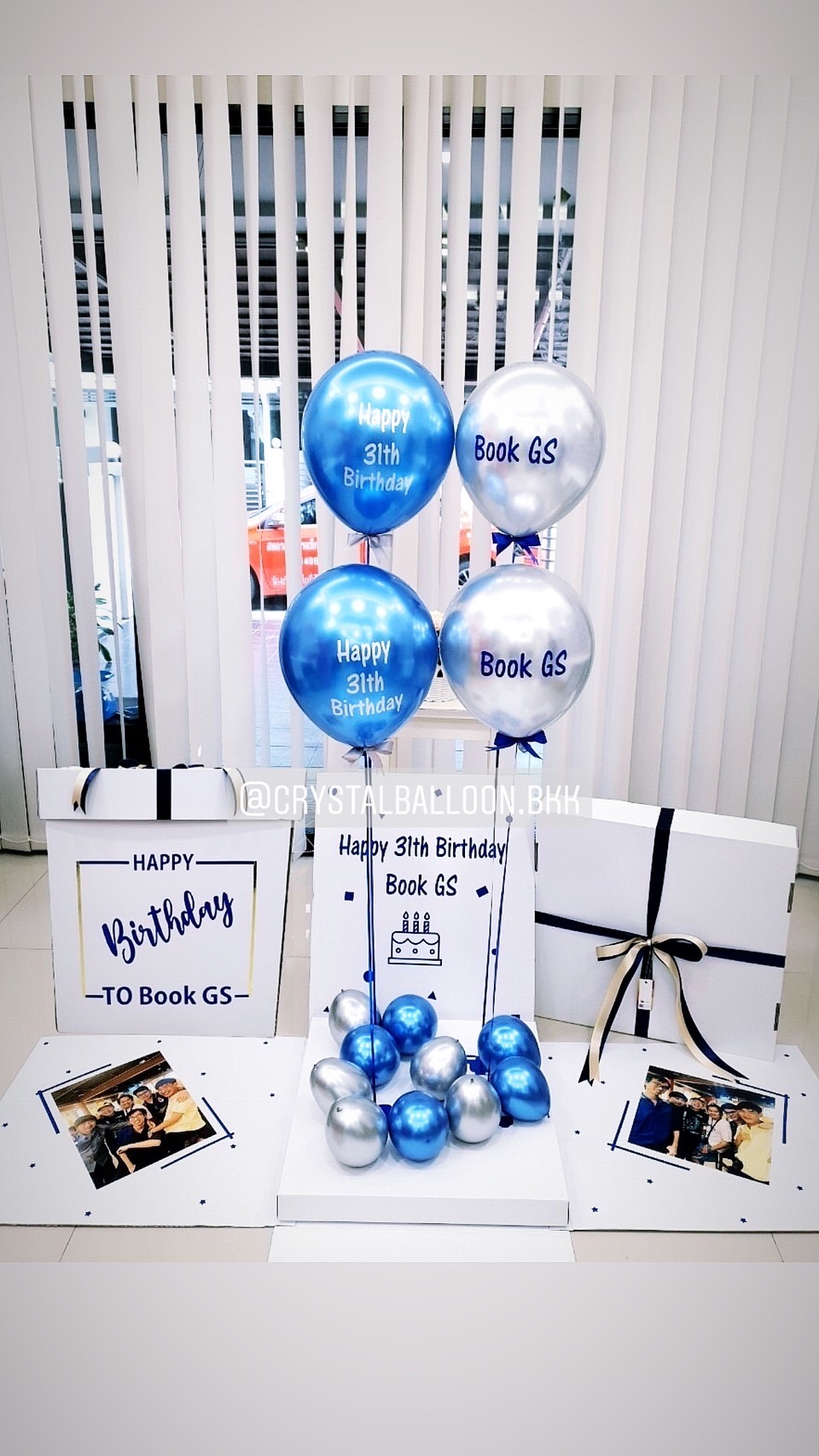 Happy Birthday Surprise Box Theme สีน้ำเงิน-เงิน พร้อมตกแต่ง ลูกโป่ง 4 ลูก,สามารถใส่รูปได้ 2 ใบ สามารถเปลี่ยนสีลูกโป่ง/เปลี่ยนข้อความได้