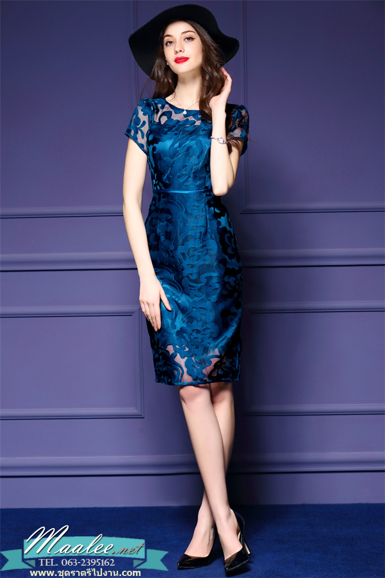 พร้อมส่ง ชุดเดรส/ชุดออกงาน ผ้าเกาหลี ผ้าโปร่งปักแขนสั้นลายดอกไม้ สีนำเงิน (ซิปหลัง) *เหลือเฉพาะ ไซส์ M*