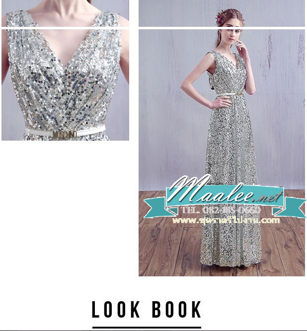 พร้อมเช่า ชุดราตรียาว แขนกุด ปักเลื่อมทั้งชุด มาพร้อมเข็มขัด ใส่ออกงานกลางคืน เด่นมาก สีเงิน