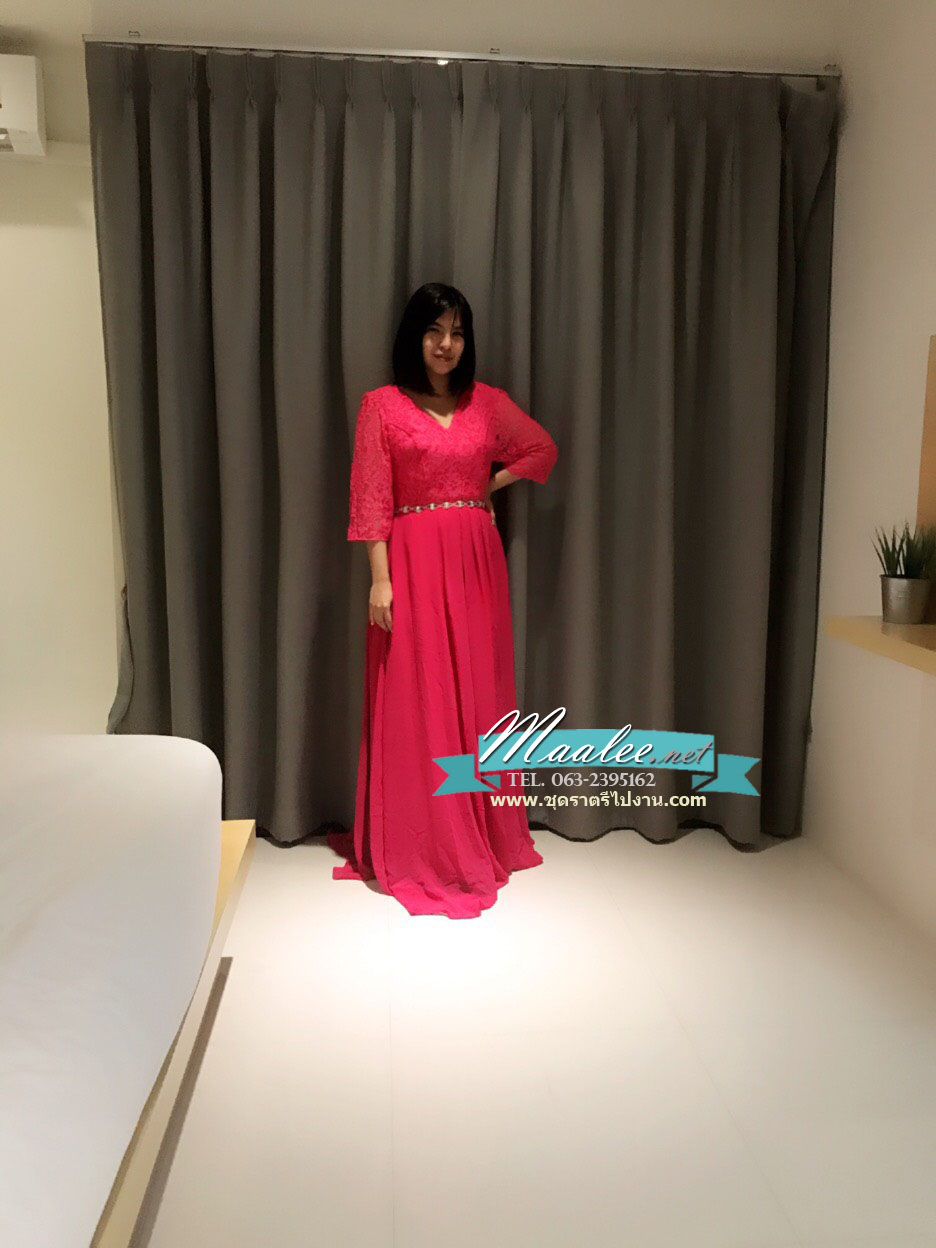 พร้อมเช่า ชุดราตรียาว สีชมพู บานเย็น ไซส์ใหญ่ แขนสามส่วน แต่งลูกไม้ กระโปรงผ้าชีฟอง เอวแต่งเพชร มีไซส์ XL - 3XL