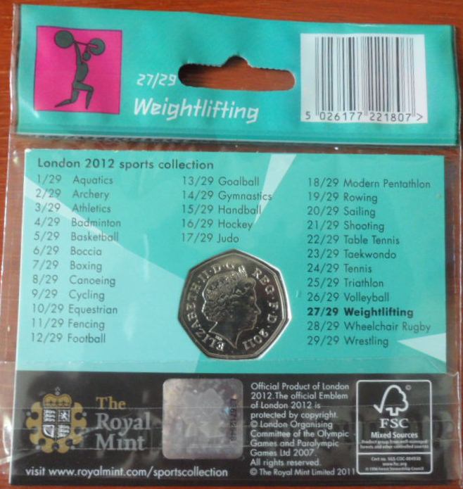 เหรียญที่ระลึก การแข่งขันกีฬาโอลิมปิก - โอลิมปิก ลอนดอน 2012; THE ROYAL MINT ชนิด 50 เพนซ์ ลายยกน้ำหนัก ใหม่ / OLYMPICS International Sports Tournament Souvenir Coin - OLYMPICS LONDON 2012; THE ROYAL MINT 50 Pence WEIGHTLIFTING NEW